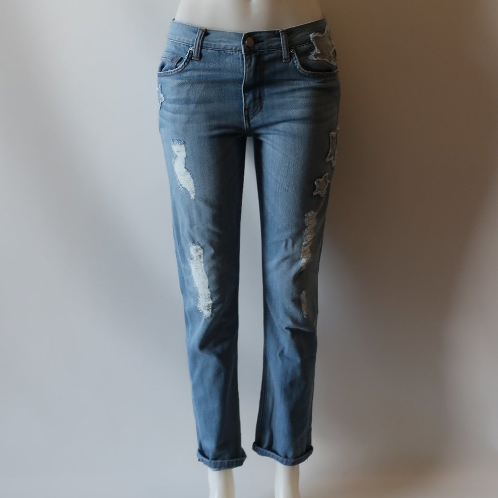 EI8HT DREAMS BLUE RIPPED STAR DESIGN JEANS 26 *